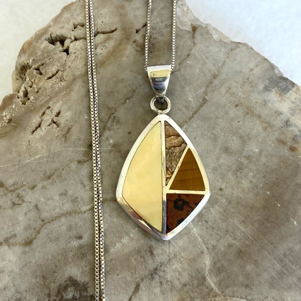 Sterling Silver 925 Mother Of Pearl Jasper Tigers Eye Inlay Pendants Necklace